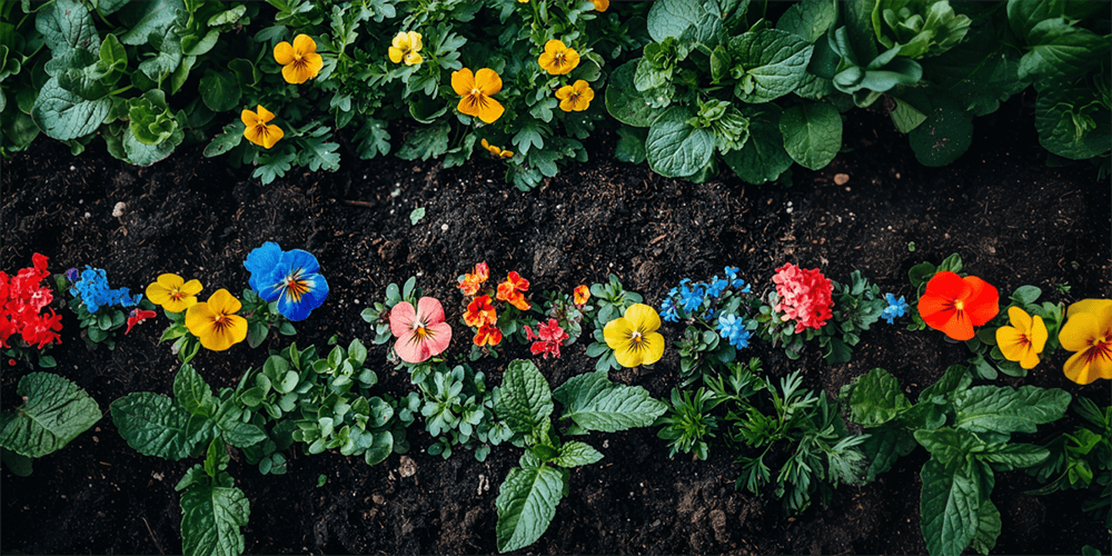 Gesunder Gartenboden mit Pflanzen und bunten Blumen.