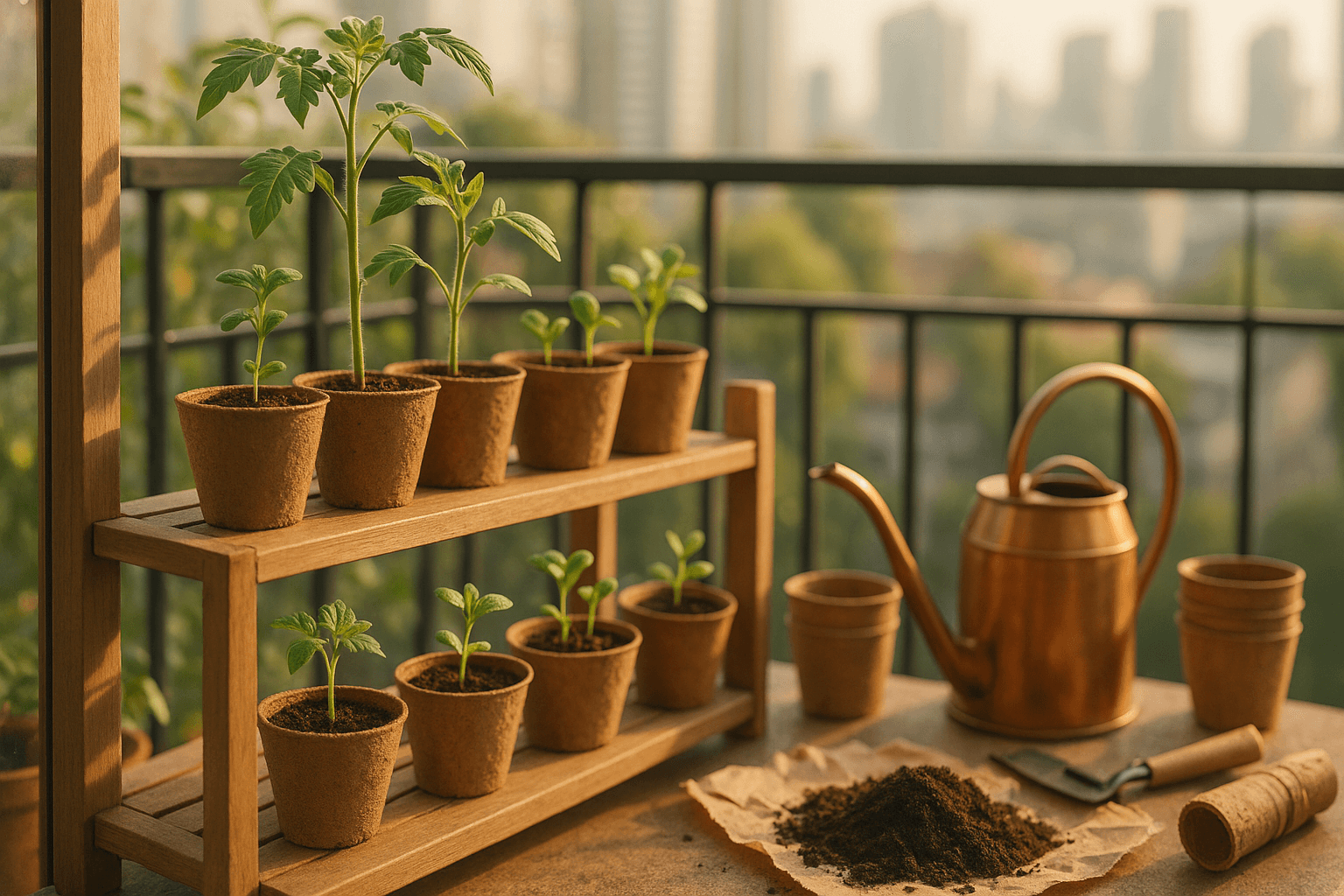 Städtischer Balkon mit Setzlingen in Töpfen und Gießkanne bei Morgensonne