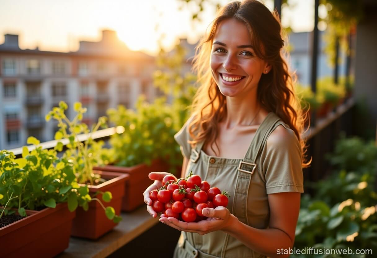 Lächelnde Frau in Gartenkleidung hält frisch geerntete Kirschtomaten in den Händen auf einem Stadtbalkon mit Pflanzenkästen im warmen Sonnenlicht
