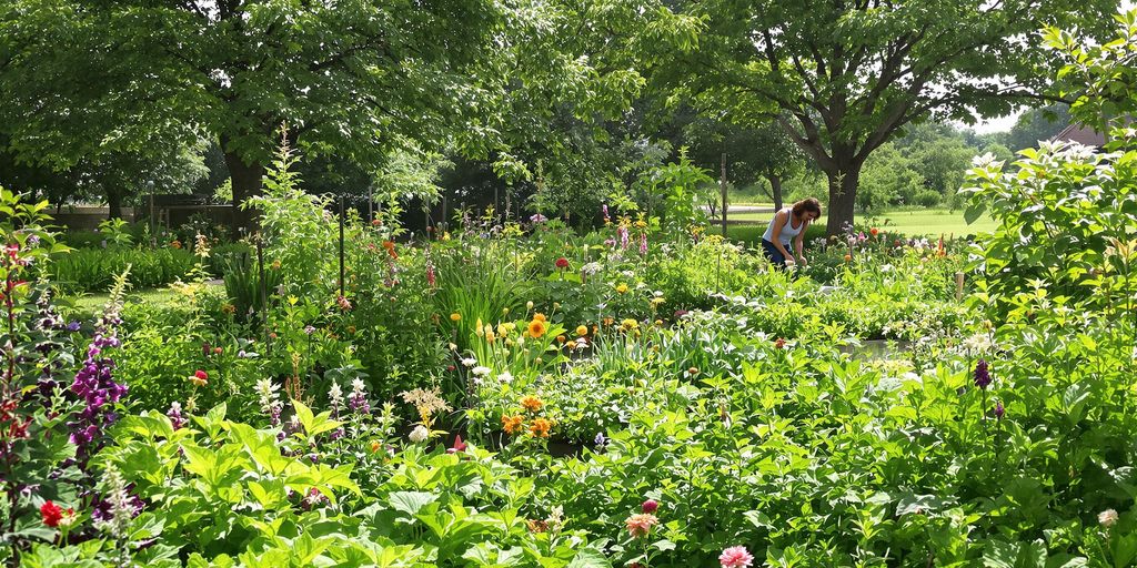 Garten mit Gemüsebeeten, Obstbäumen und natürlichem Teich