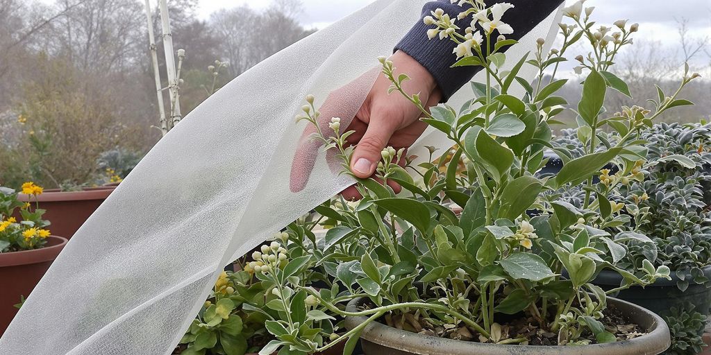 Gärtner deckt Pflanzen mit Vlies gegen Frühlingsfrost ab.