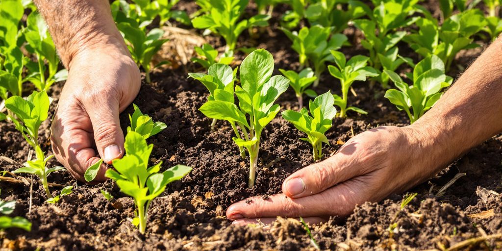 Hände düngen Gemüsepflanzen mit Kompost im Frühlingsgarten