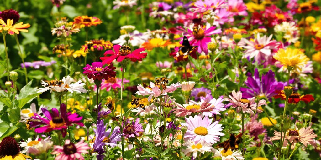 Bienen und Schmetterlinge auf bunten Blumen