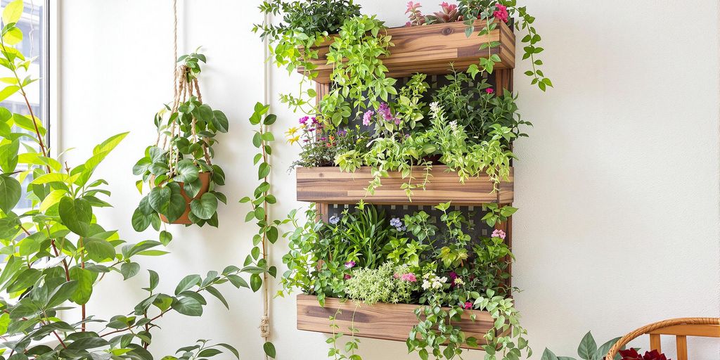 Fotografie einer innovativen vertikalen Garteninstallation auf kleinem Raum mit Pflanzen