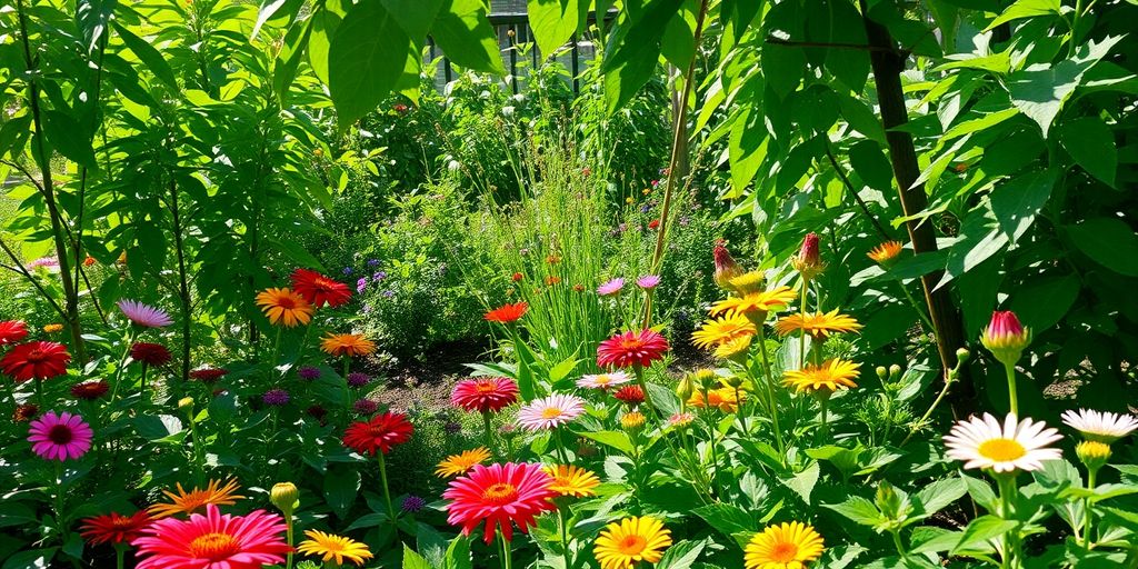 Ein gesunder Garten mit bunten Pflanzen und Insekten.