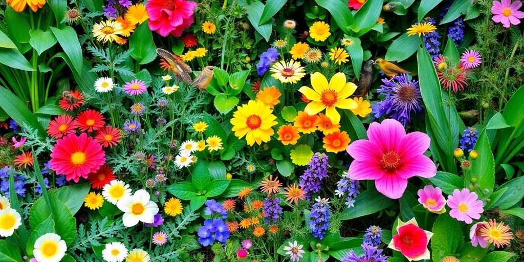 Vielfältige Pflanzen und Tiere in einer lebendigen Naturszene.