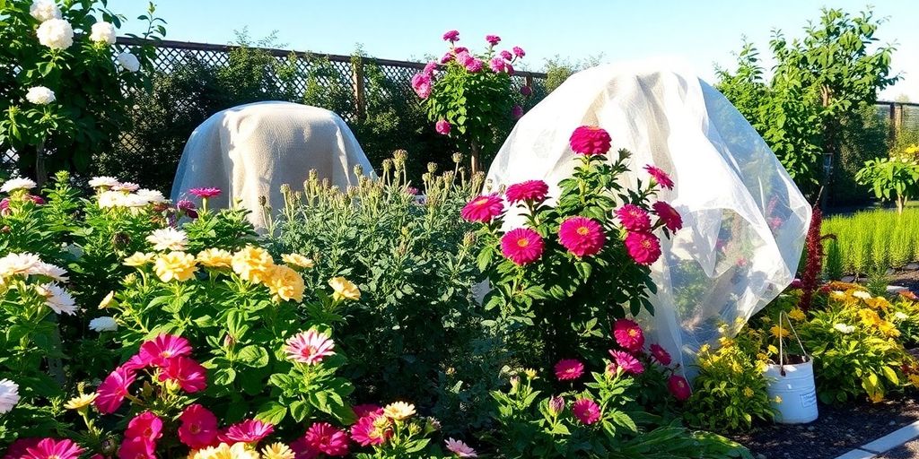 Frostschutz für Pflanzen im Garten, mit Abdeckungen.