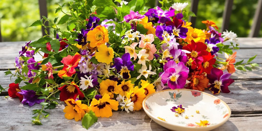 Bunte essbare Blüten auf Balkontisch