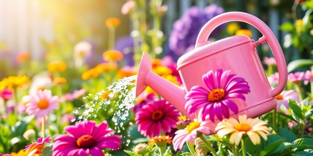 Gießkanne im Garten mit bunten Blumen bei Sonnenschein.
