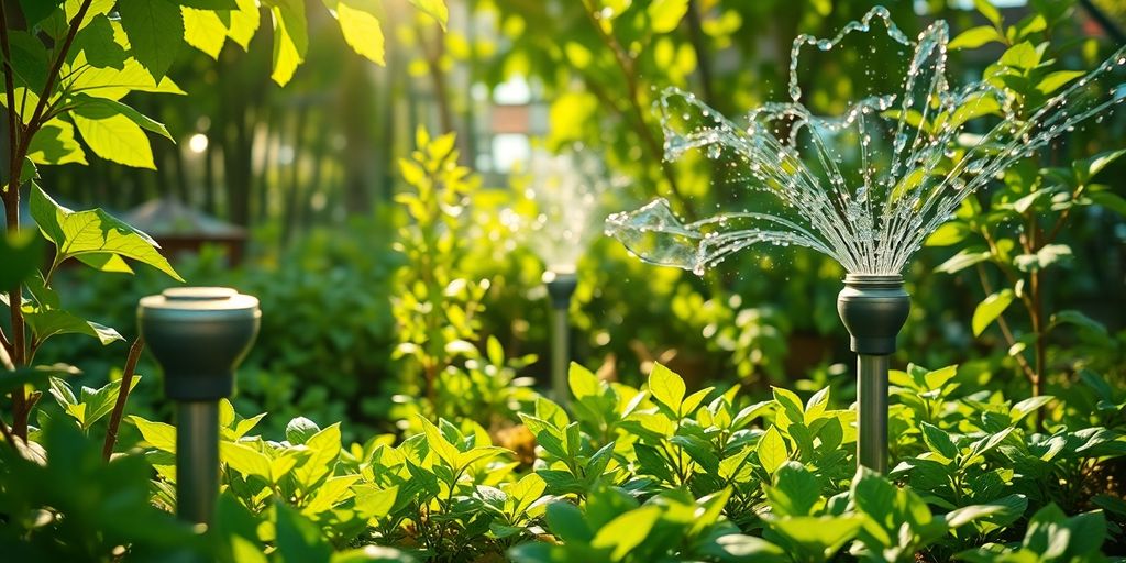 Nachhaltige Bewässerungssysteme in einem farbenfrohen Garten.
