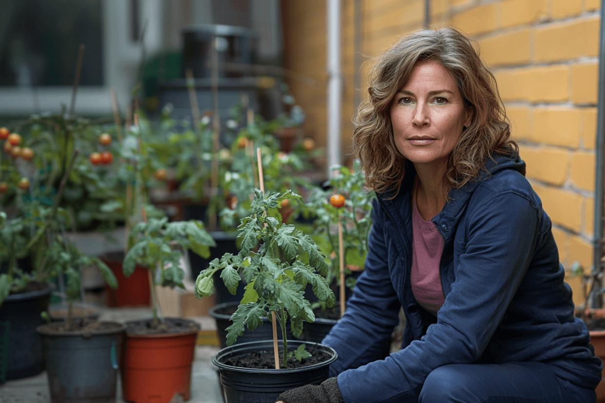 Frau gärtnert auf einer Terrasse, umgeben von Blumentöpfen vor einer Ziegelwand.