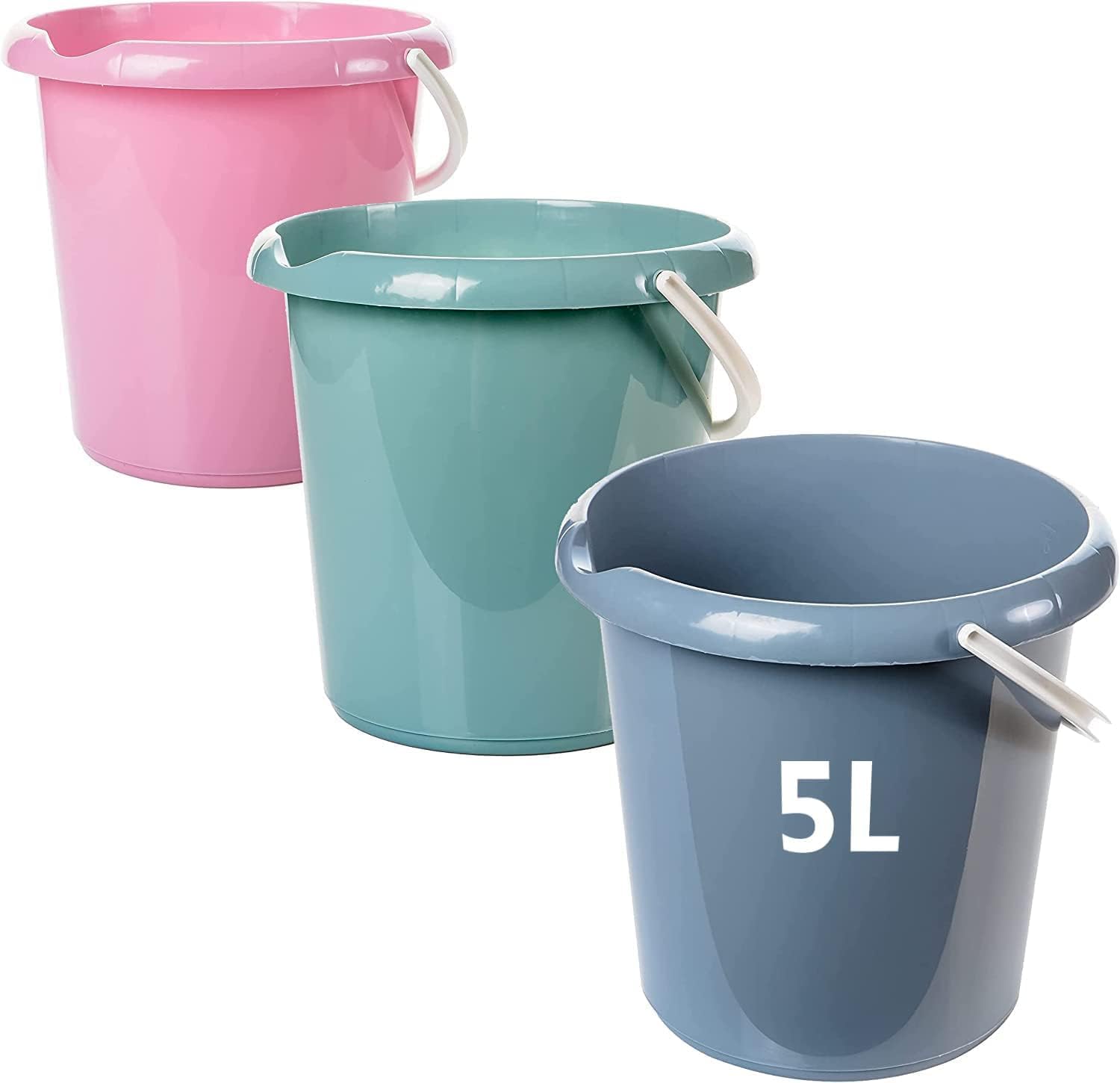 Lot de 3 seaux 5 litres en plastique avec bec verseur et échelle doseuse 3 couleurs