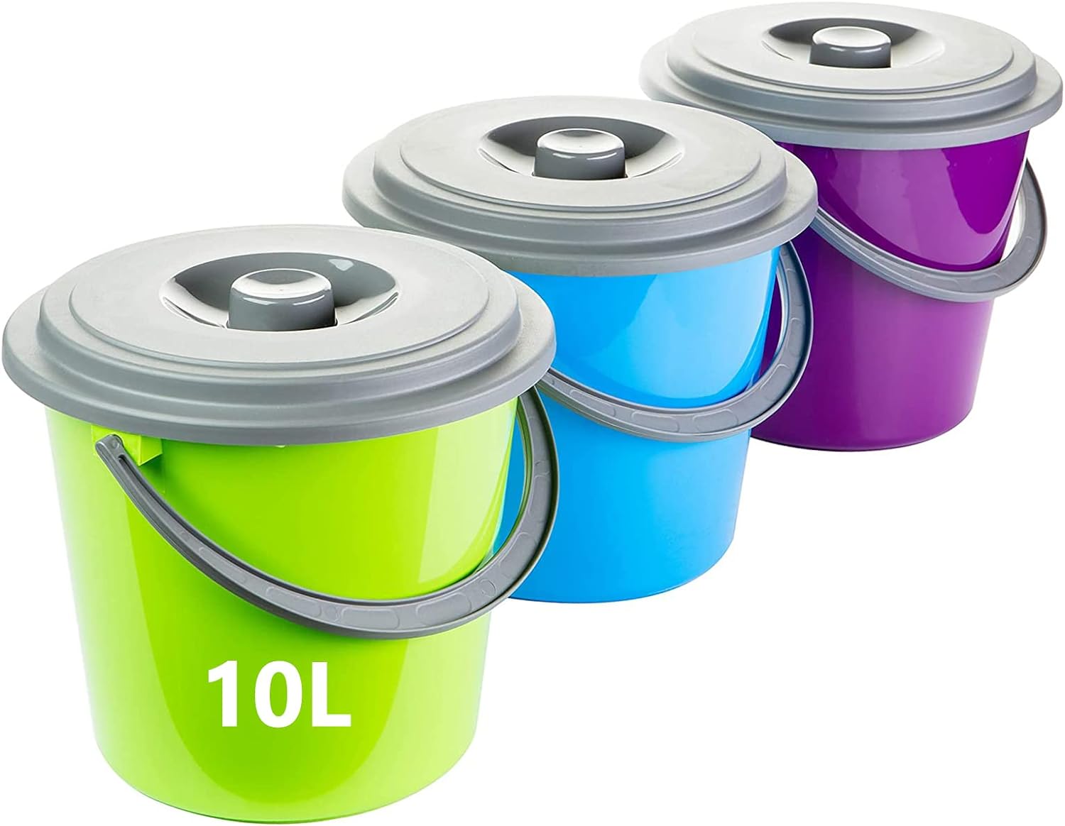 Lot de 3 seaux de nettoyage 10 litres en plastique avec couvercle 3 couleurs