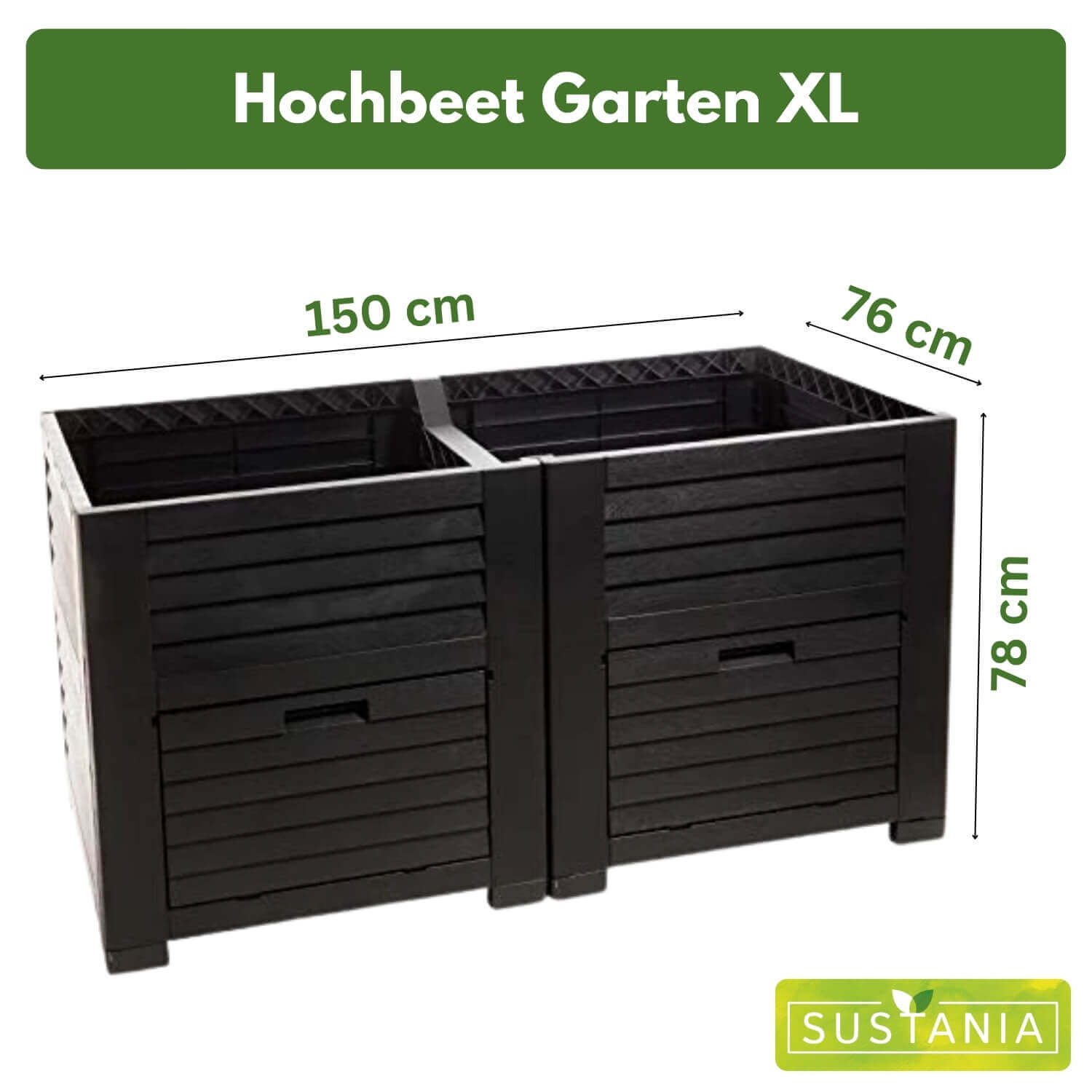 Hochbeet Garten XL, Hochbeet Kunststoff in Holzoptik, mit Zwei Staufächern, 150x76x78 cm, ca. 400 Liter, Farbe: anthrazit