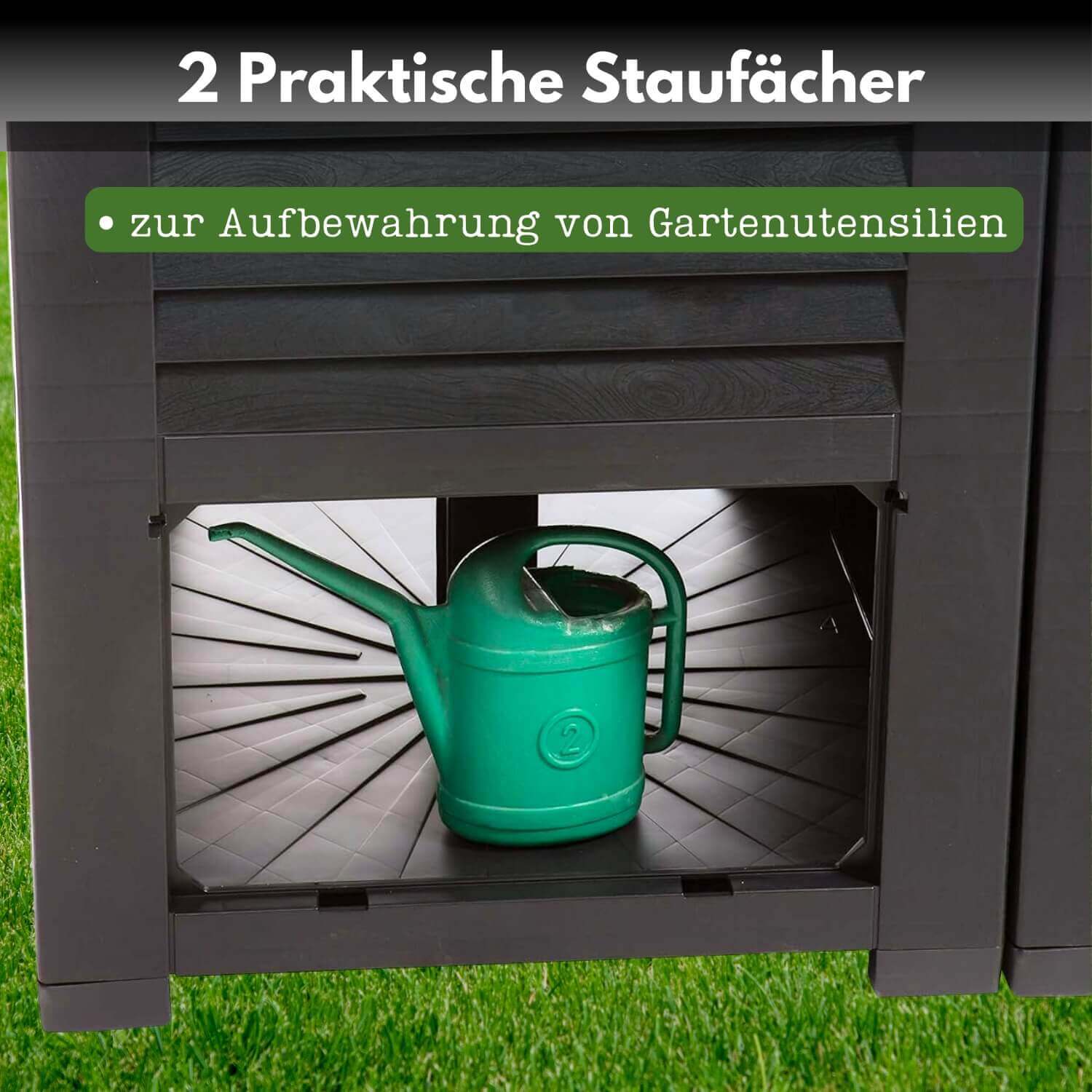 Hochbeet Garten XL, Hochbeet Kunststoff in Holzoptik, mit Zwei Staufächern, 150x76x78 cm, ca. 400 Liter, Farbe: anthrazit