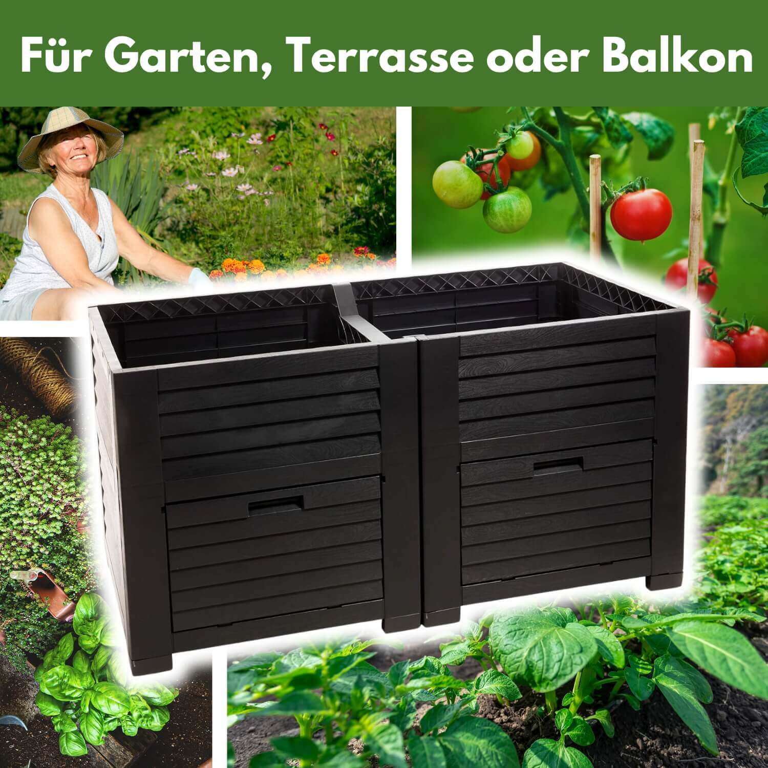 Hochbeet Garten XL, Hochbeet Kunststoff in Holzoptik, mit Zwei Staufächern, 150x76x78 cm, ca. 400 Liter, Farbe: anthrazit