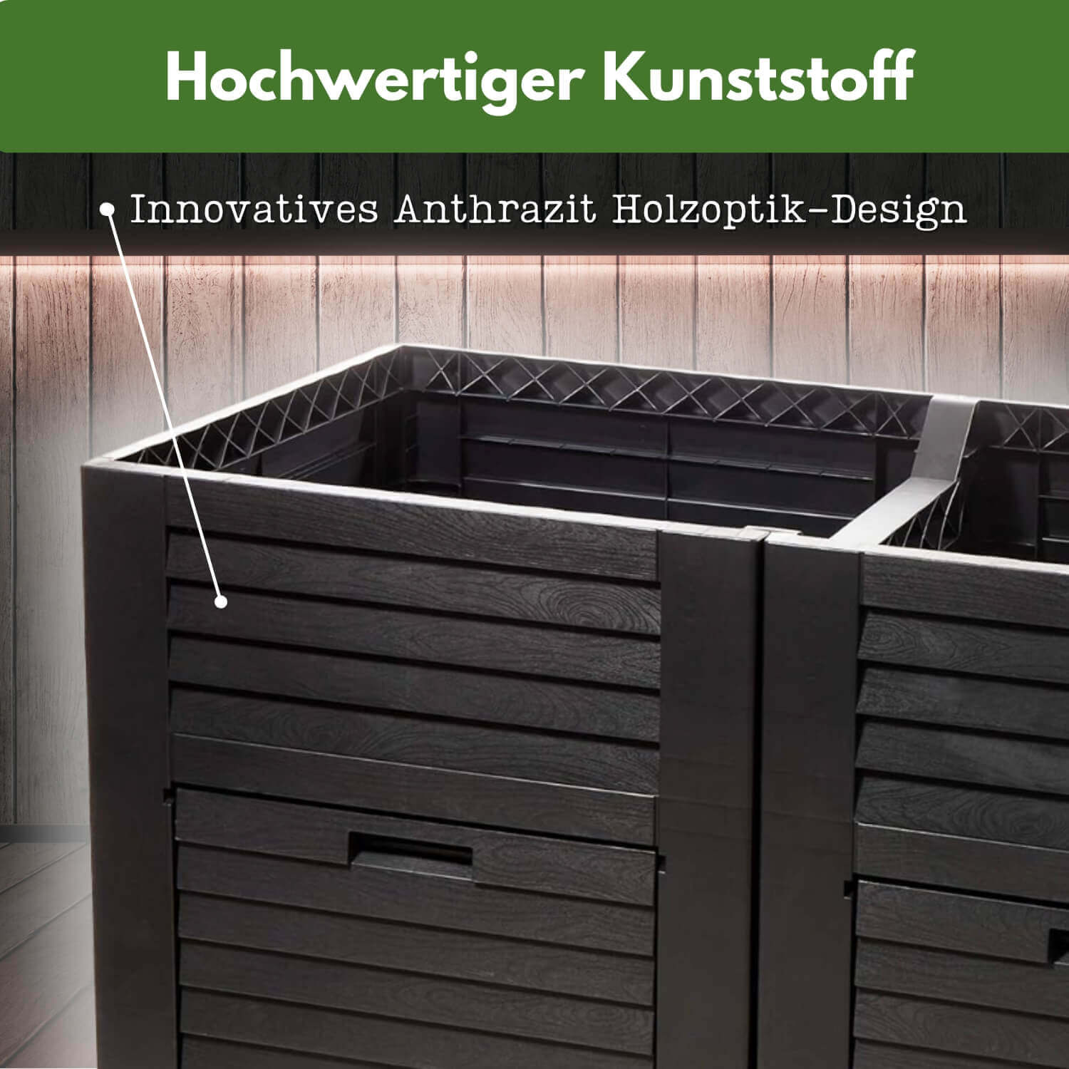 Hochbeet Garten XL, Hochbeet Kunststoff in Holzoptik, mit Zwei Staufächern, 150x76x78 cm, ca. 400 Liter, Farbe: anthrazit