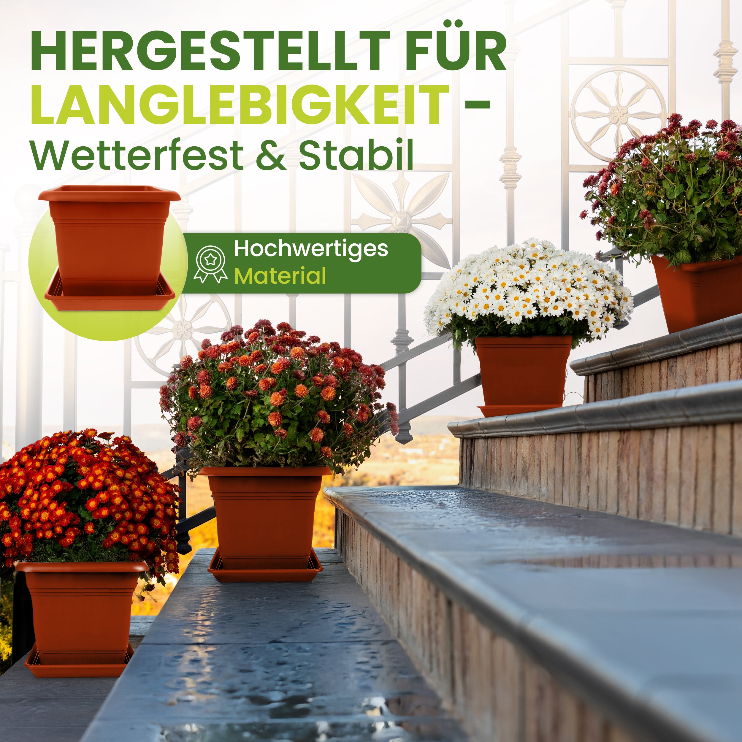 2er Blumenkübel XXL Groß, 48x48 cm, 60 Liter, Garantiert kippsicher mit Drainagesystem - Extrem belastbare Pflanzkübel - Stabile Blumentopf Groß Terracotta