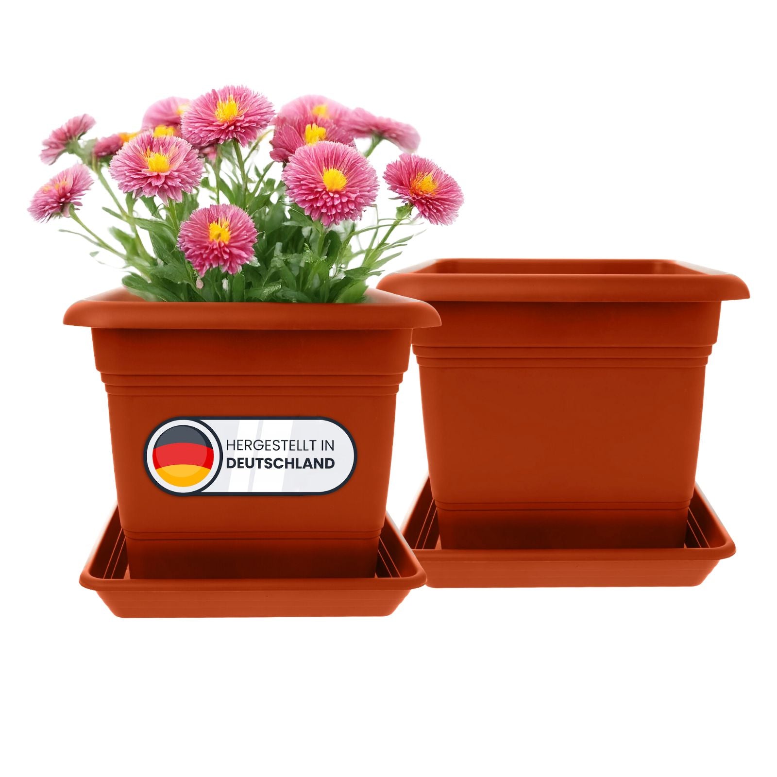 2er Blumentopf Groß 28x28 cm, 10 Liter, mit Untersetzer Terracotta