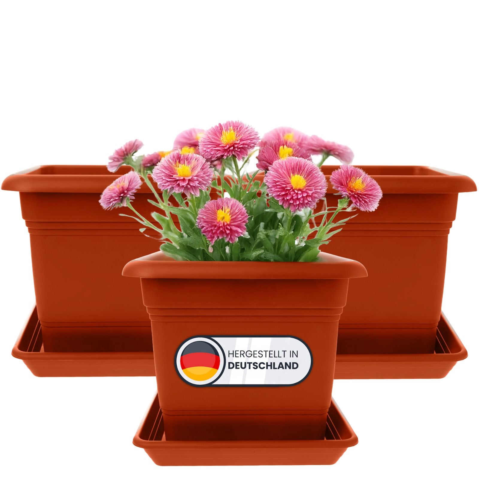 3er Blumenkübel XXL Groß, 48x48 cm, 60 Liter, Kippsicher mit Drainagesystem - Extrem belastbare Pflanzkübel - Stabile Blumentopf Groß Terracotta