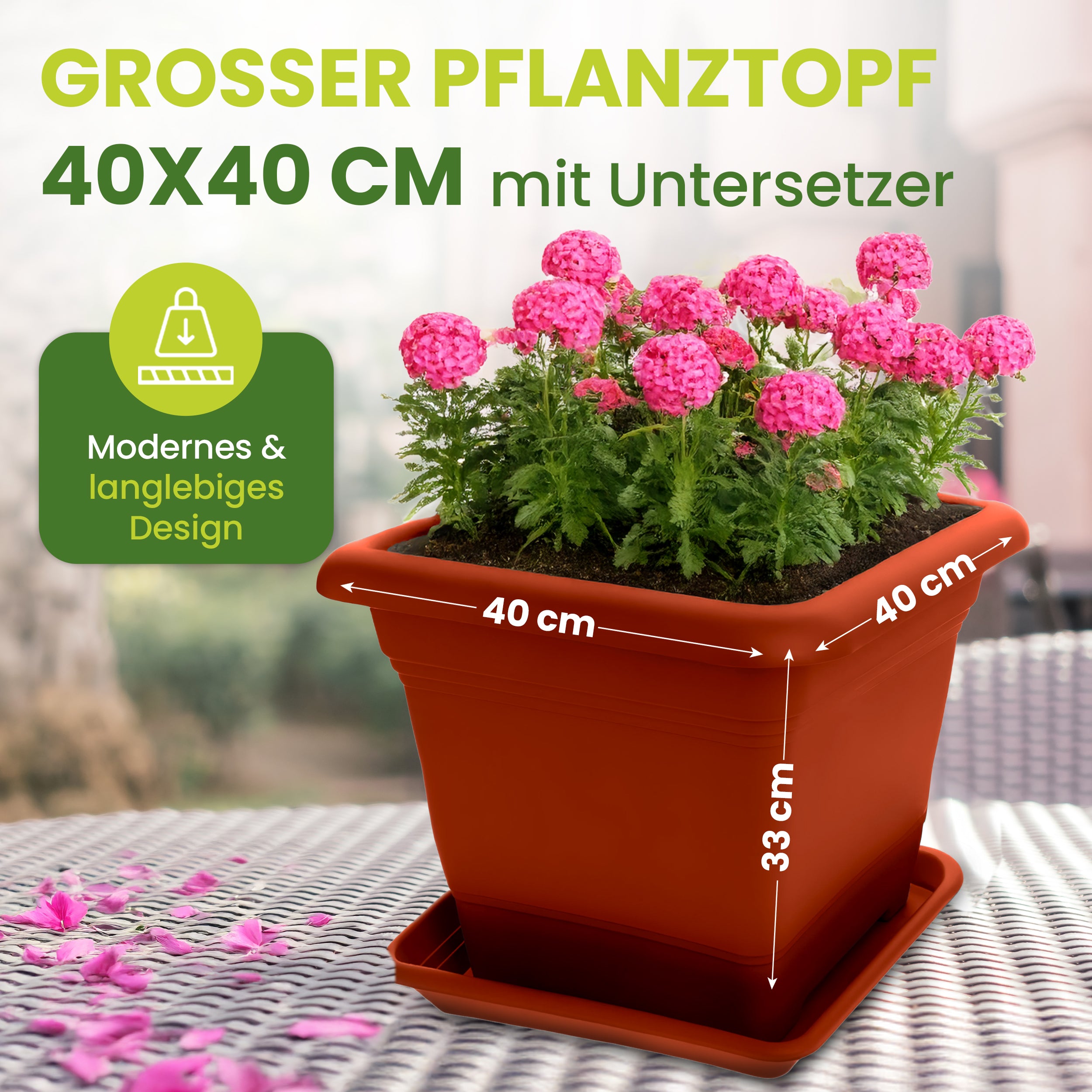 2er Blumenkübel Groß, 40x40 cm, 46 Liter, Garantiert kippsicher mit Drainagesystem - Extrem belastbare Pflanzkübel - Stabile Blumentopf Groß Terracotta