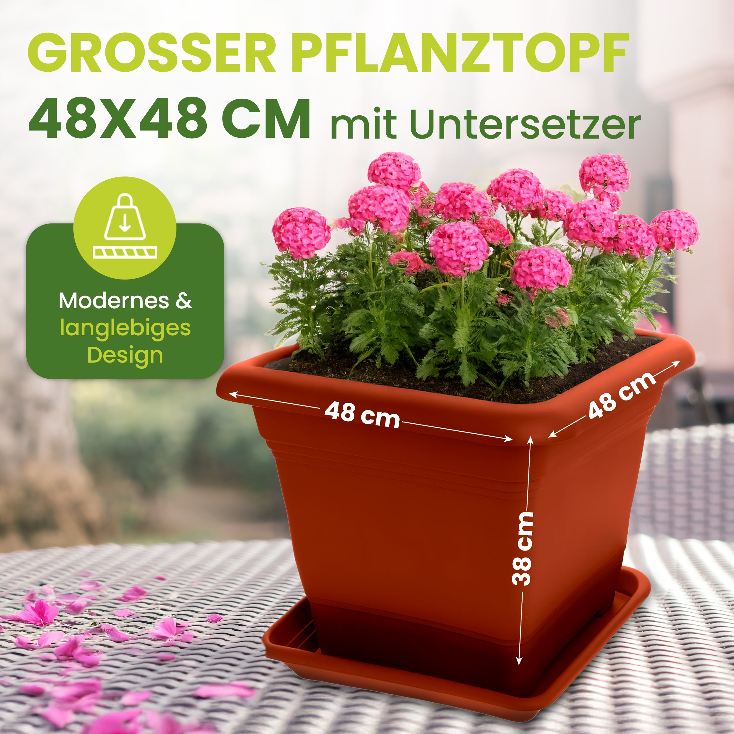 2er Blumenkübel XXL Groß, 48x48 cm, 60 Liter, Garantiert kippsicher mit Drainagesystem - Extrem belastbare Pflanzkübel - Stabile Blumentopf Groß Terracotta