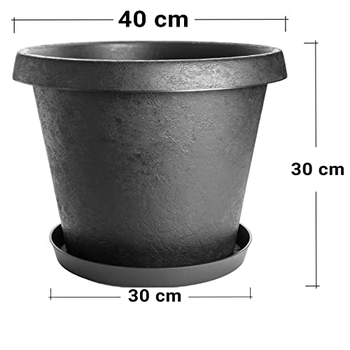 3er Set Pflanzkübel Ø40cm rund mit Untersetzer, im Stone-Design, anthrazit, Made in Germany