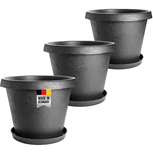 3er Set Pflanzkübel Ø40cm rund mit Untersetzer, im Stone-Design, anthrazit, Made in Germany