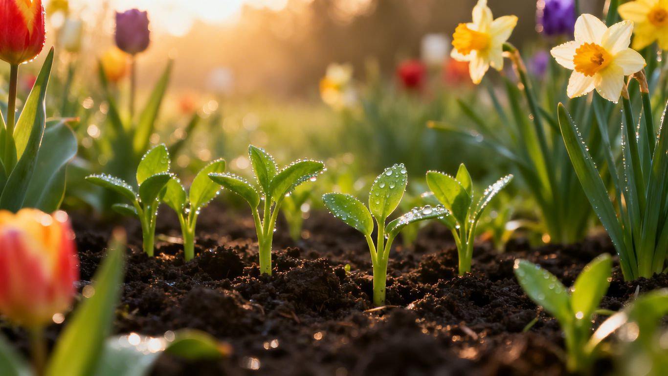 Frühlingsgarten mit jungen Pflanzen und bunten Blumen