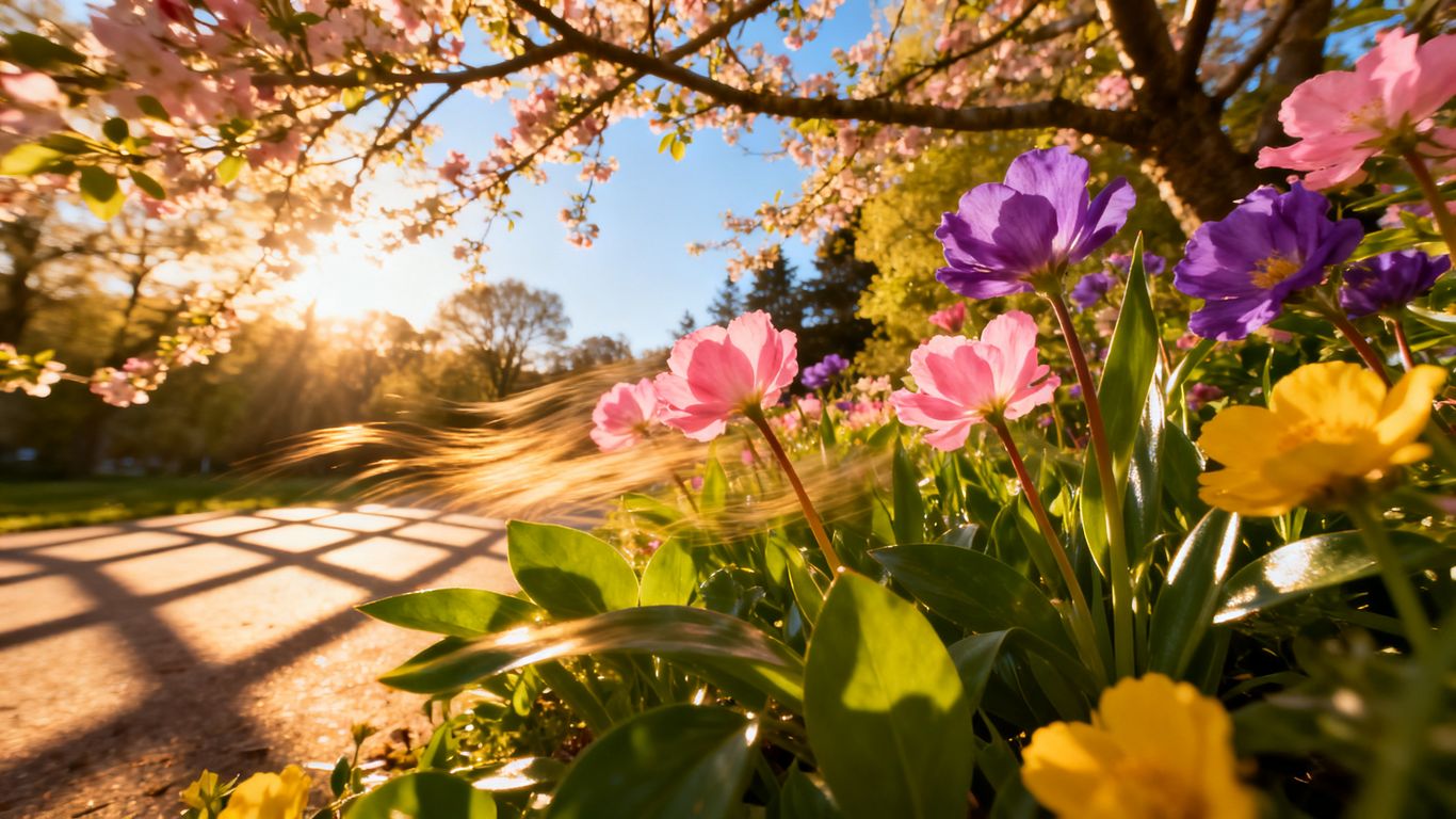 Blühende Natur im Mai, Sonnenlicht, grüne Blätter, Blumen.