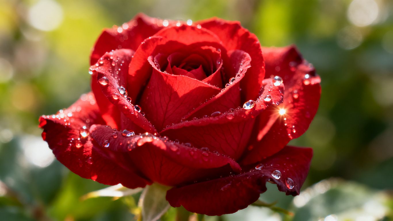 Rote Rose mit Tautropfen im Sonnenlicht.