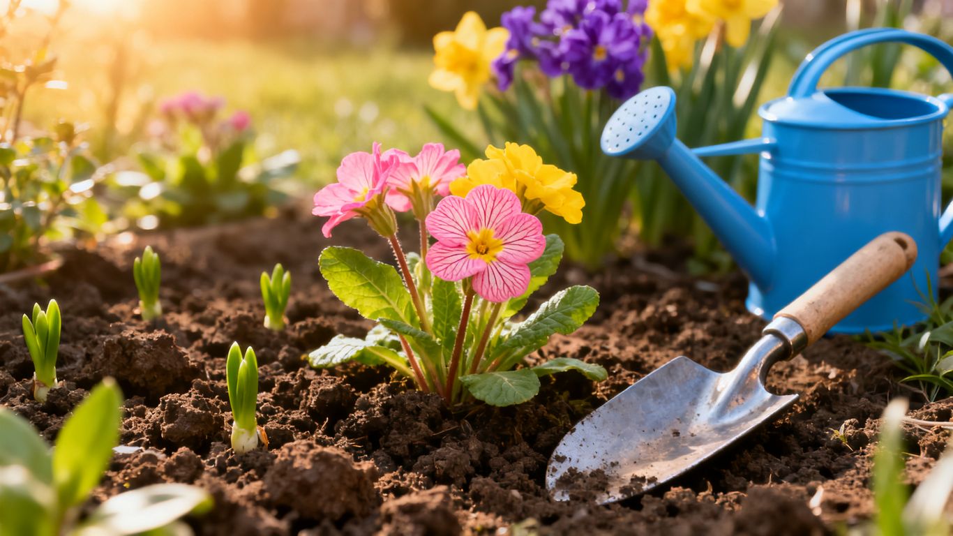 Garten im April mit frischer Erde und Blumen