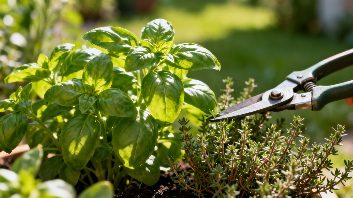 Basilikum und Thymian im Garten schneiden