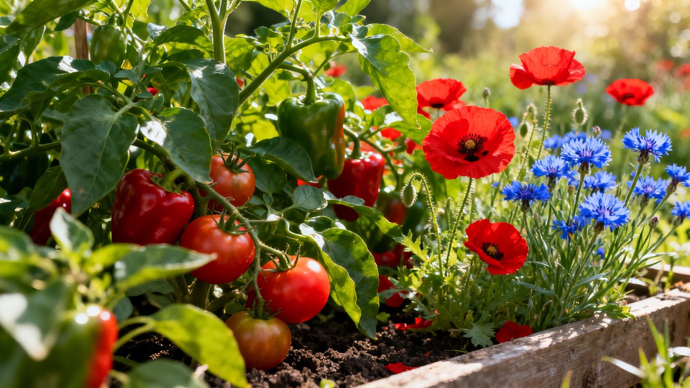 Gemüse und Blumen wachsen nebeneinander im Garten.