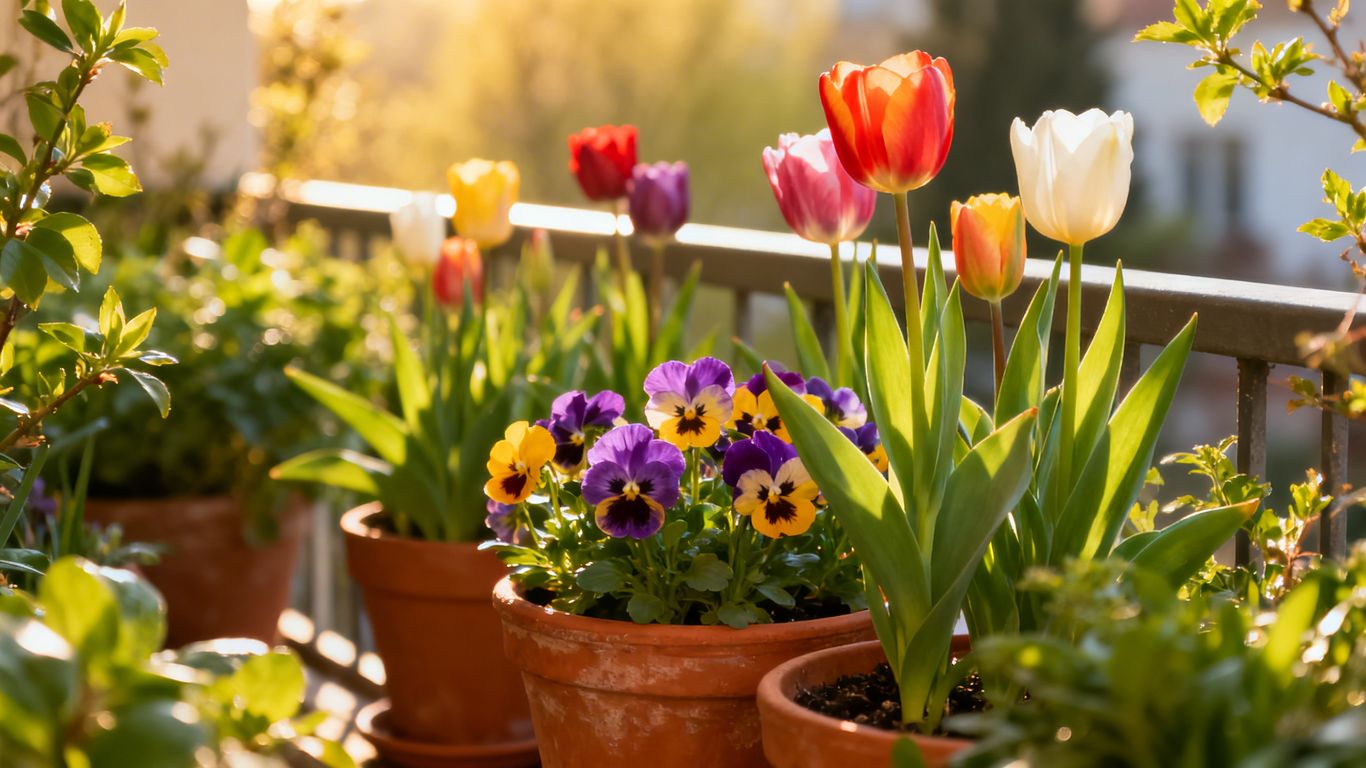 Balkon mit bunten Frühlingsblumen bepflanzt