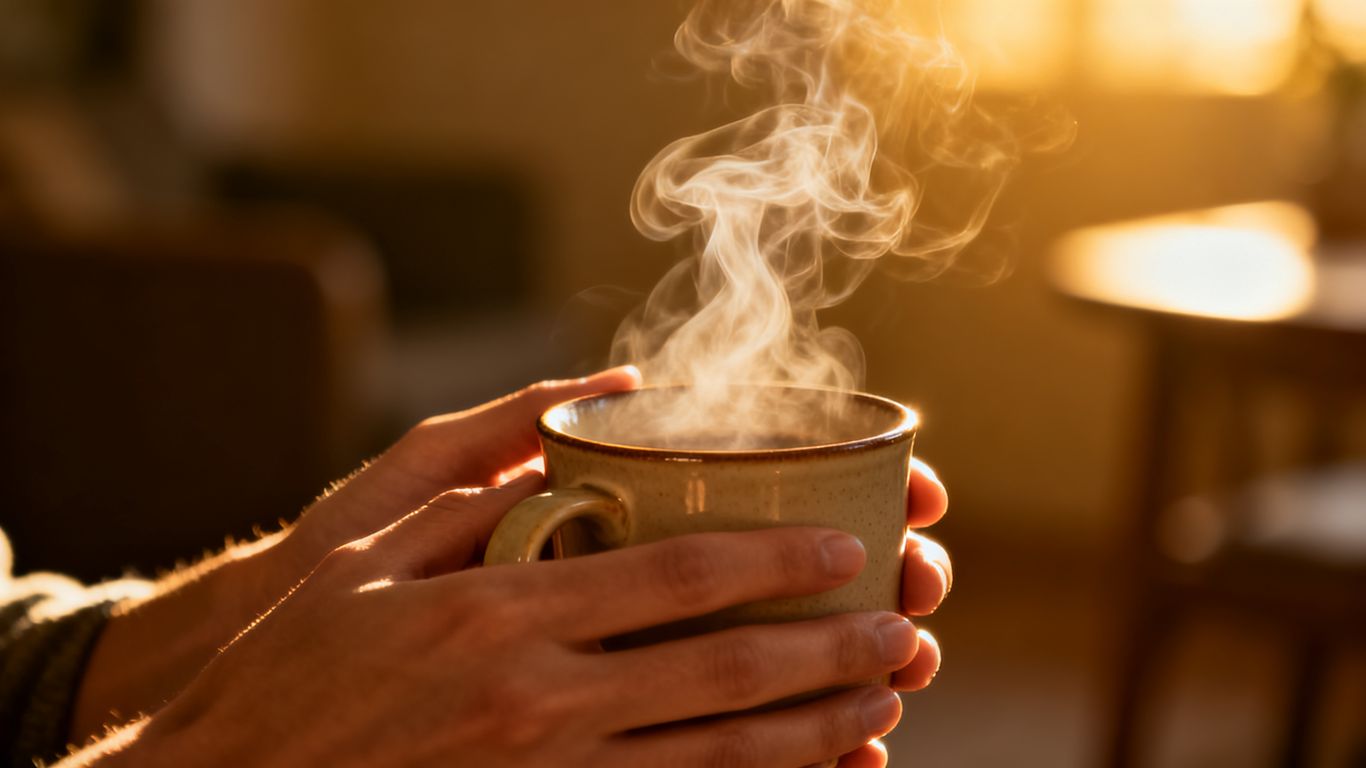 Hände halten eine dampfende Tasse Kaffee bei warmem Licht.