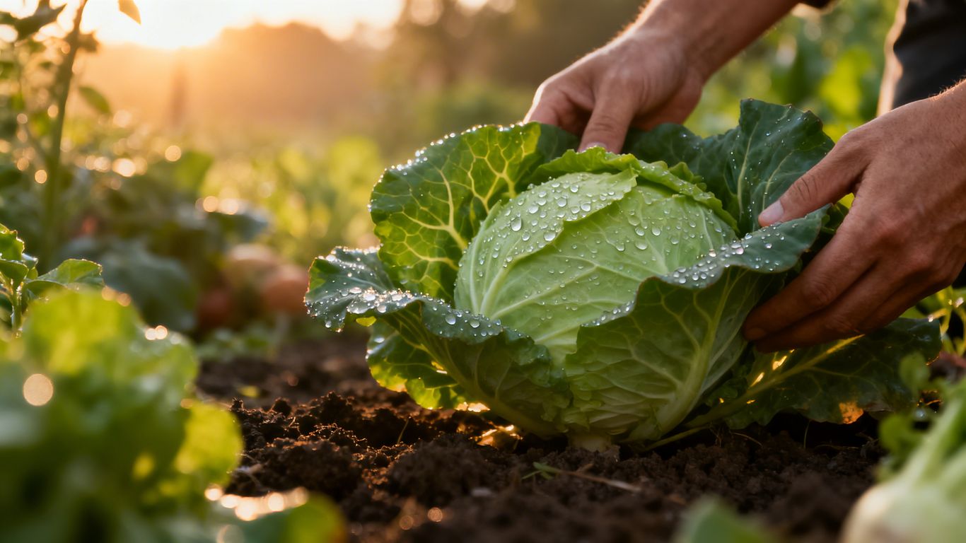Gemüseernte am frühen Morgen im Garten, Hand pflückt.