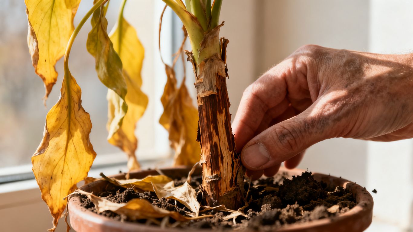 Umtopfen schiefgegangen, welkende Pflanze, verschüttete Erde