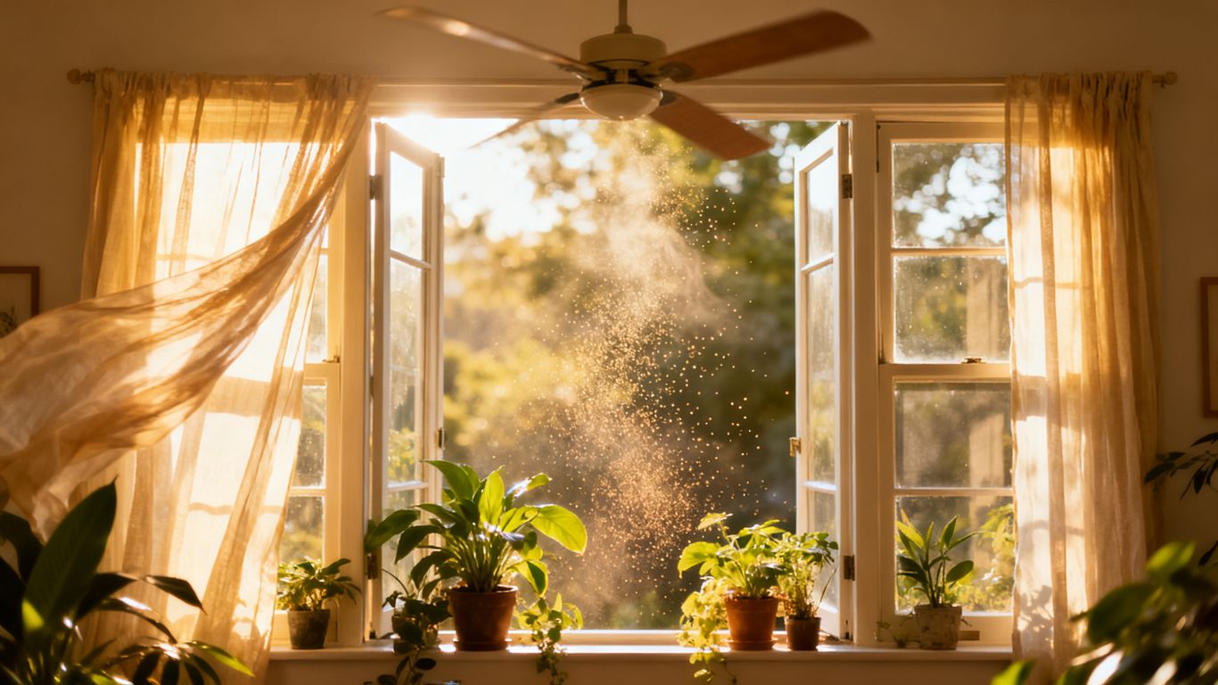 Offene Fenster und Ventilator für Luftzirkulation