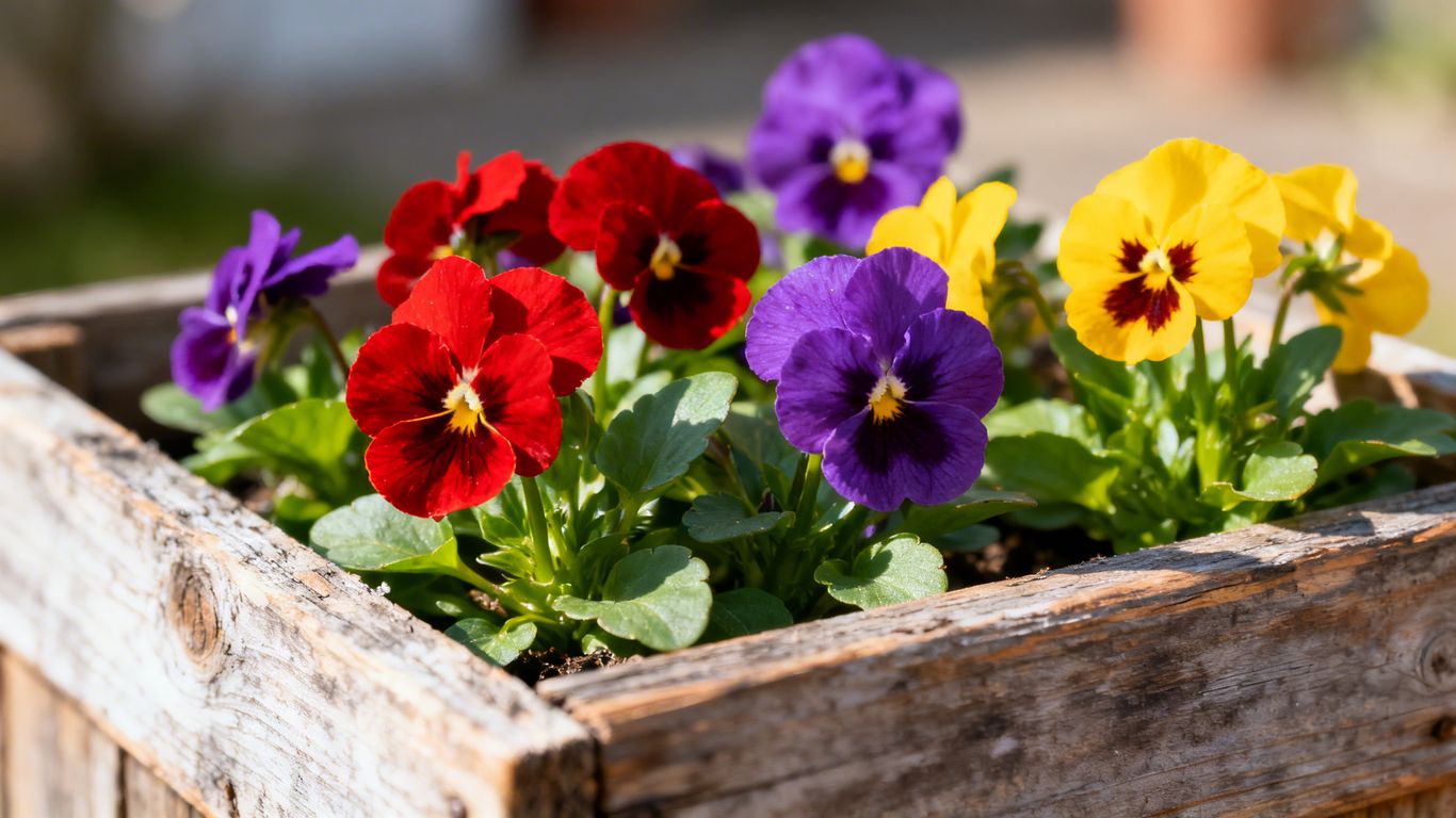 Balkonkasten mit bunten Frühlingsblumen im März