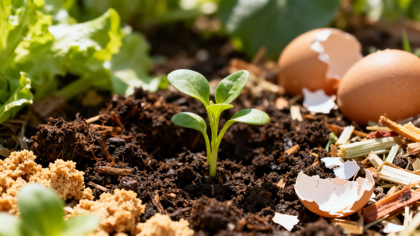 Junge Pflanzen sprießen aus organischem Dünger im Garten.