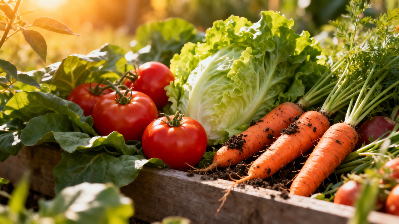 Frisch geerntetes Gemüse in einem sonnigen Gartenbeet
