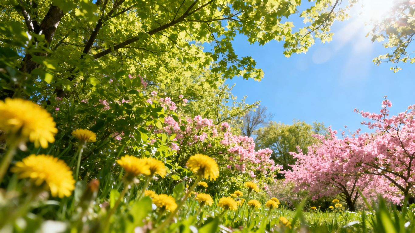 Blühende Blumen und grüne Blätter im späten Frühling.