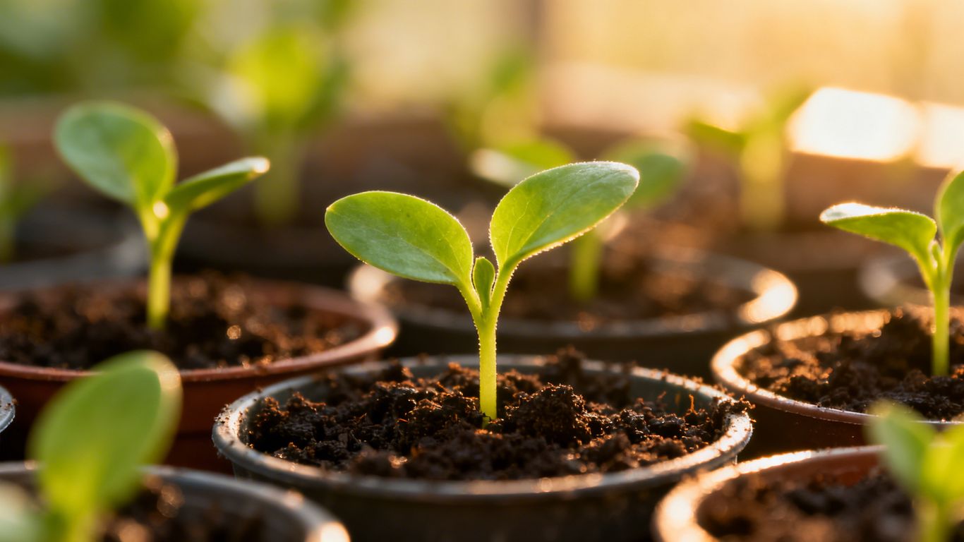 Junge Sommerblumen-Setzlinge in kleinen Töpfen auf Erde.