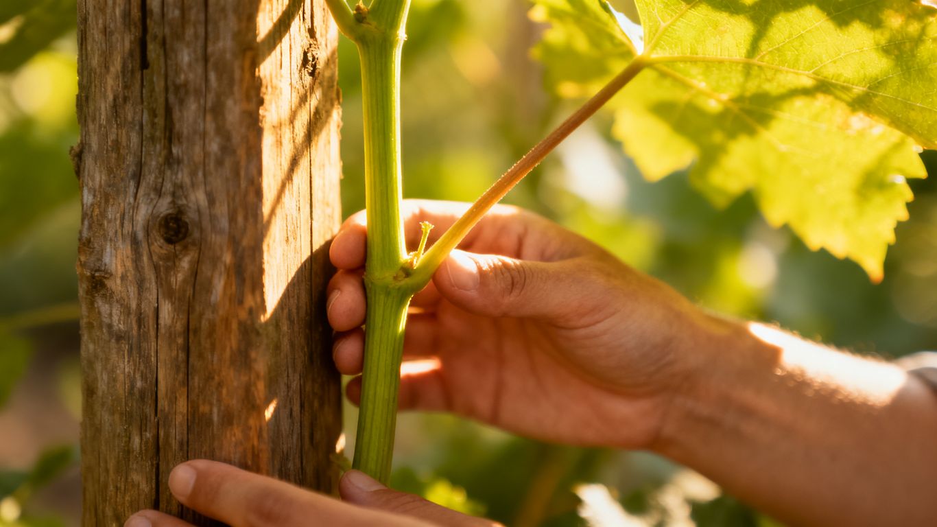 Hände leiten eine grüne Pflanze an einem Holzstab nach oben.