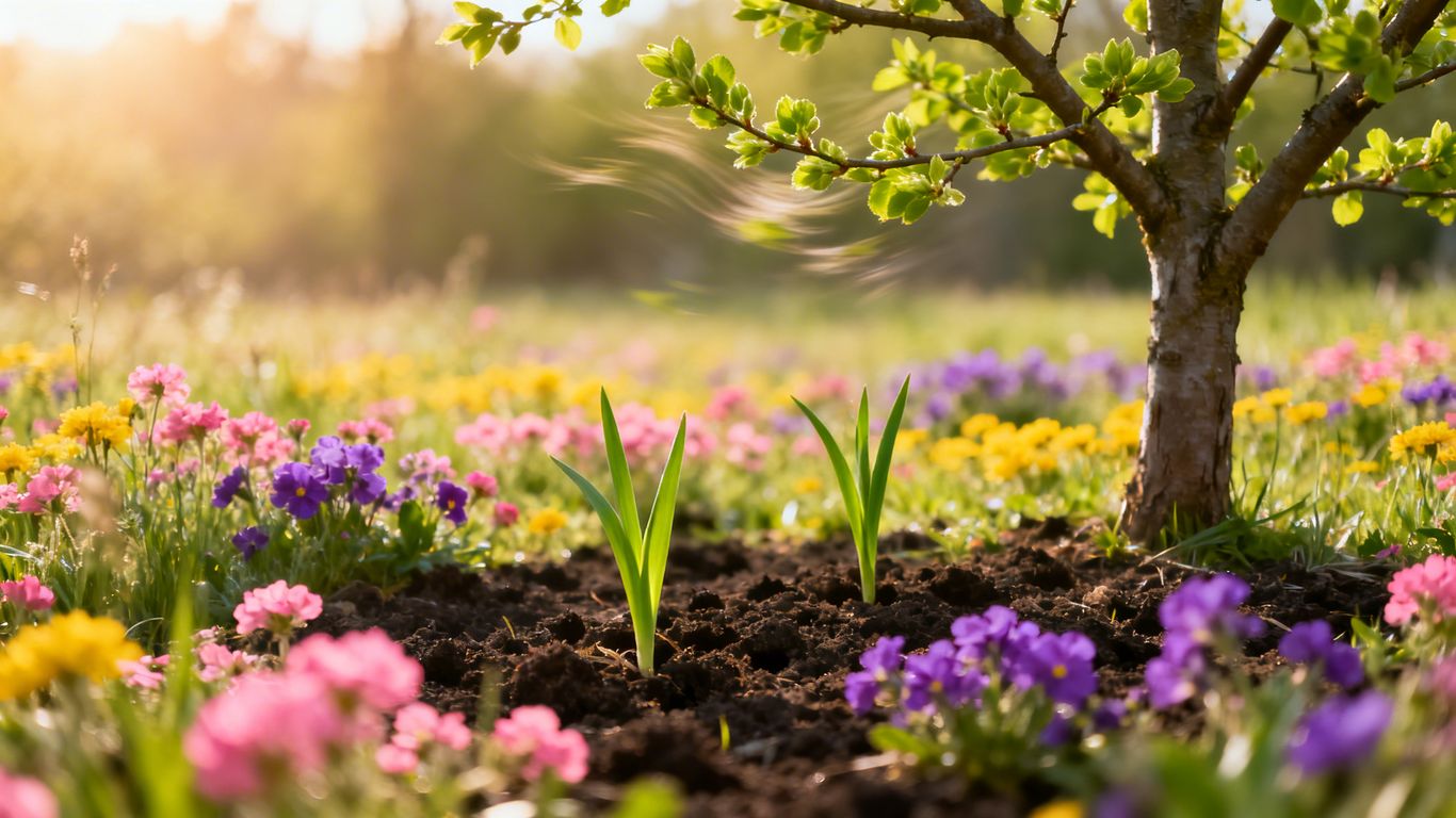 Blühende Wiese im Sonnenschein mit jungen Trieben.