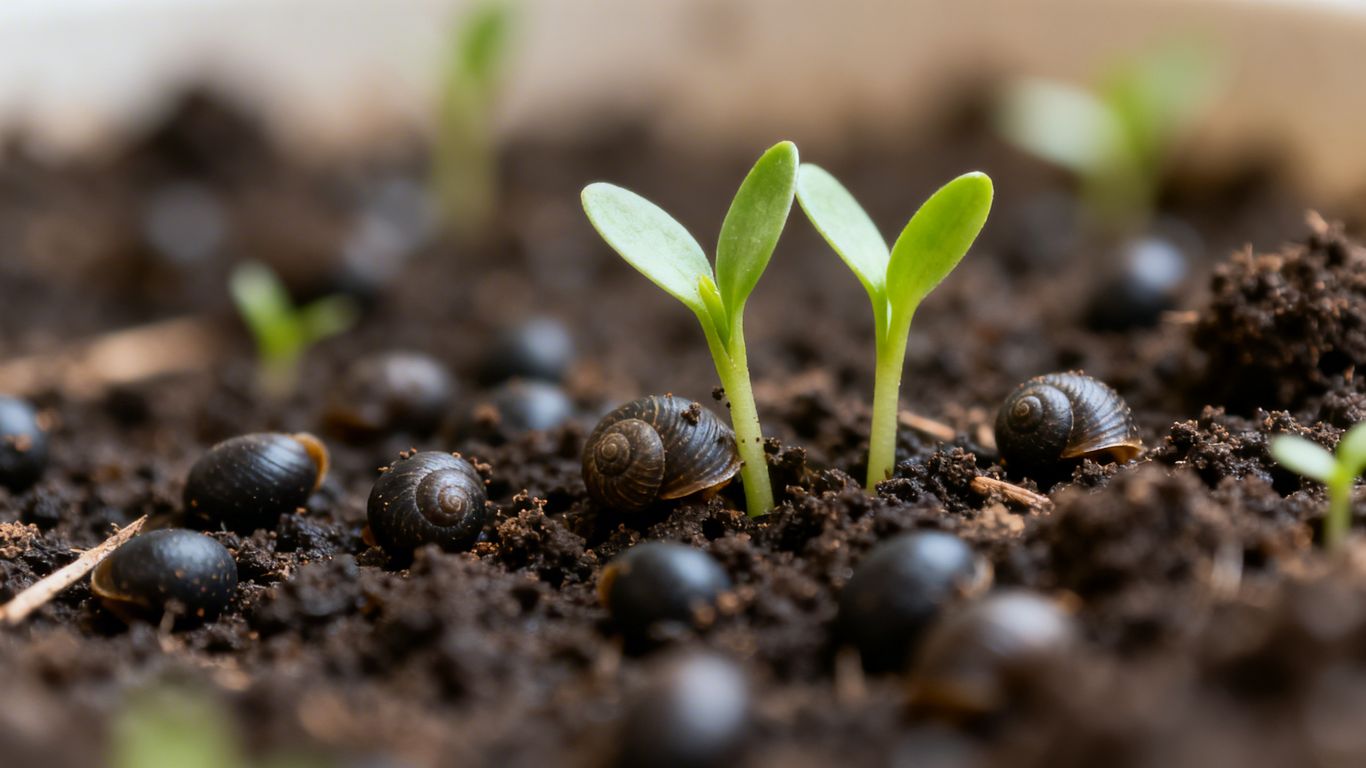 Schneckenlaich im Gartenbeet zwischen jungen Trieben.
