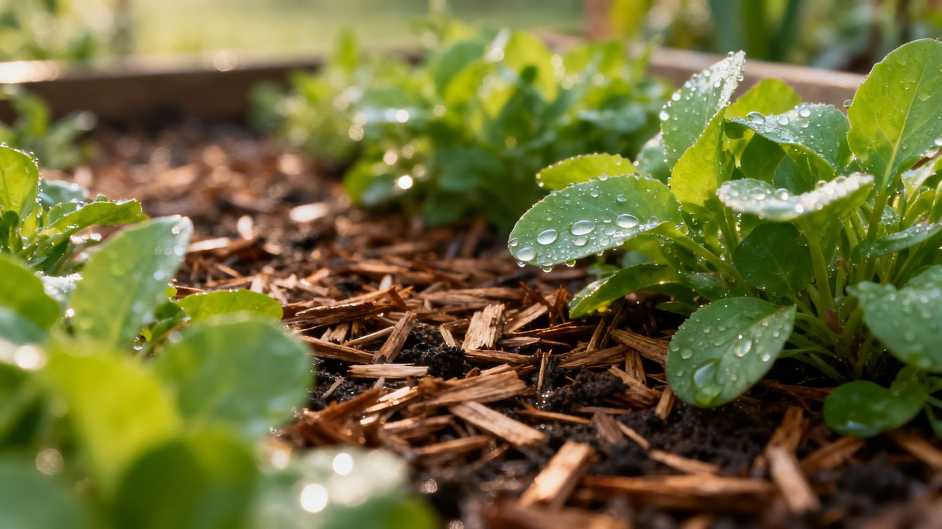 Mulch bedeckt Erde neben grünen Pflanzen im Garten.