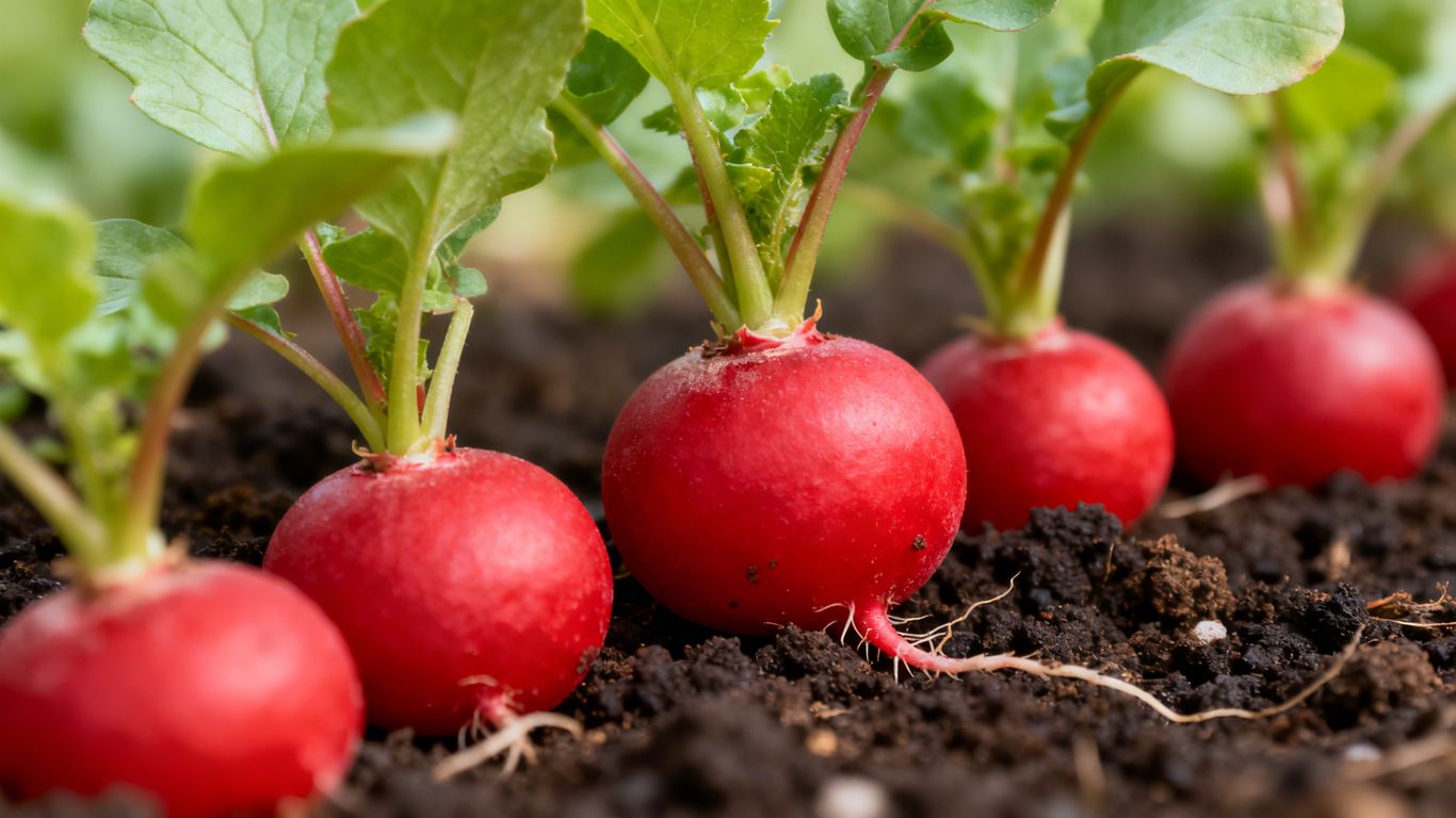Frisch gewachsene Radieschen mit grünen Blättern im Boden.