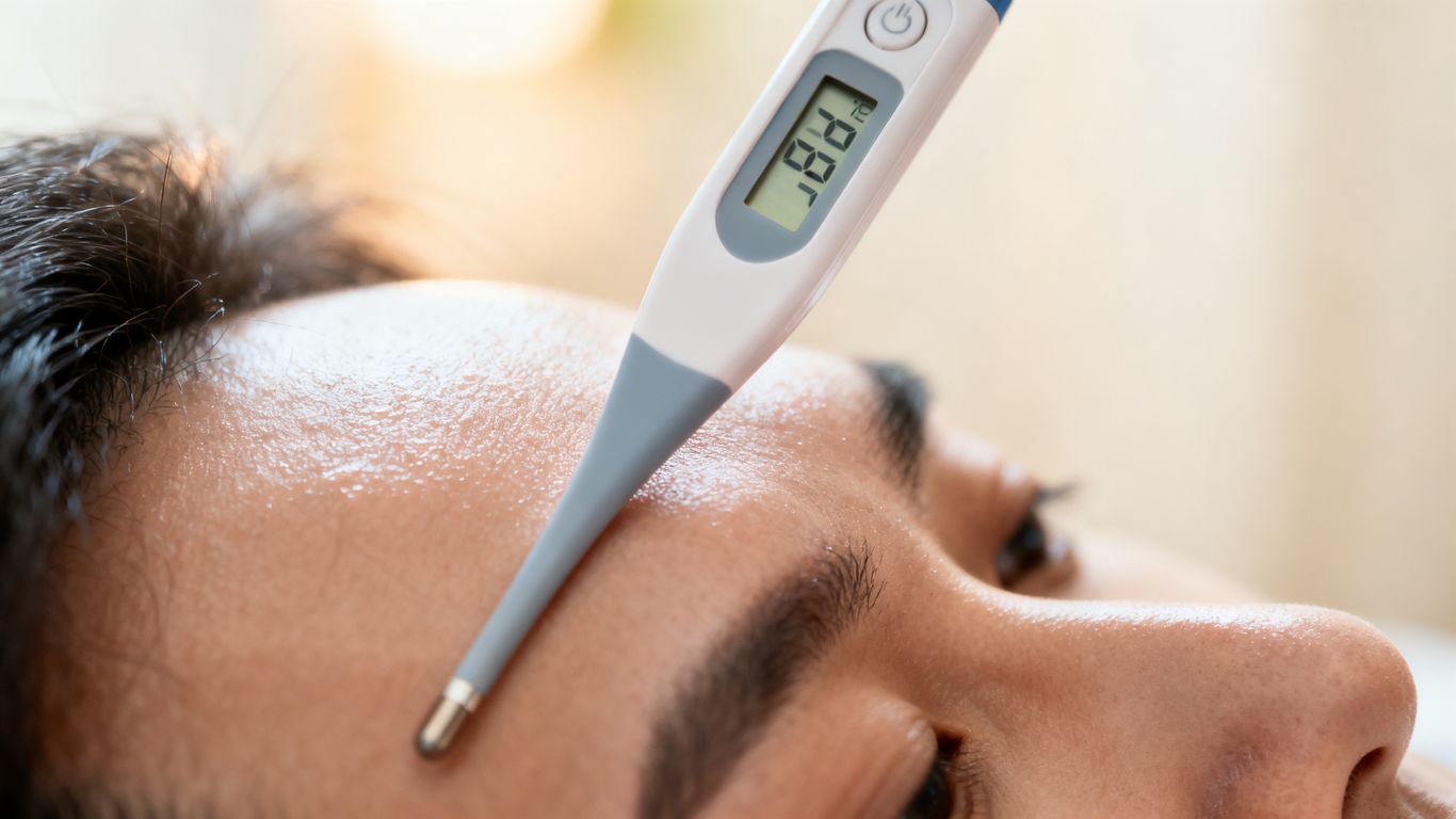 Person misst Temperatur mit Thermometer am Kopf